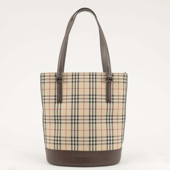 BURBERRY Canvas Leather Nova Plaid Tote Bag Beige Brown - Picture 2 of 16